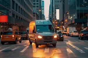 Delivery van navigating busy downtown intersection during rush hour nature background photo