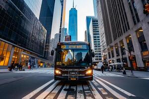 Public bus traveling down busy avenue with skyscrapers and pedestrian crossings nature background photo