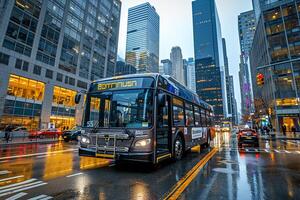 Urban street with buzzing commuter bus navigating crowded downtown skyscrapers in the background nature background photo
