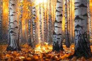 Sunlight streaming through a forest of yellow birch trees with fallen leaves covering the ground nature background photo