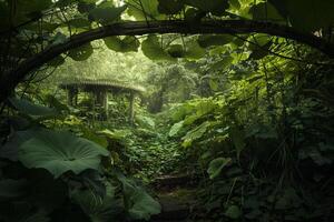 Whimsical Fairy Garden with Oversized Leaves as Canopy in Dense Forest Magical nature background photo