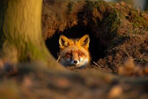 Curious Fox in Morning Light Emerging from Den nature background Wildlife photo