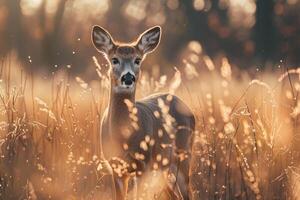 Deer in a Sunlit Meadow with nature background Looking Towards the Camera photo