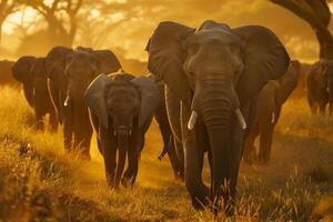 Sunlit Clearing in African Savannah with Herd of Elephants nature background photo