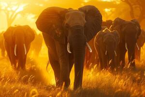 Elephants in Sunlit Clearing of African Savannah nature background photo