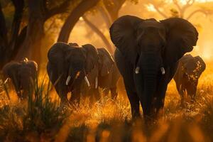 African Savannah with Herd of Elephants in Sunlit Clearing nature background photo