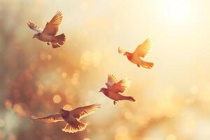 Sunlit Sky with Birds in Joyful Flight and nature background photo