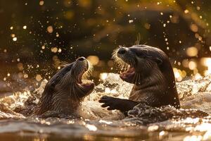 Joyful Otters Playing in Sunlit River with nature background photo