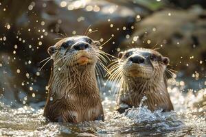 Playful Otters in Sunlit Stream with Sparkling Water Background in Nature photo