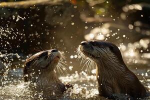 Otters Playing in Sunlit Stream Background with Sparkling Water in Nature photo