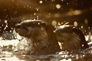 Playful Otters in Sunlit Stream with Sparkling Water Background in Nature photo