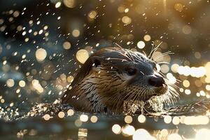 Playful Otters in Sunlit Stream with Sparkling Water Background in Nature photo