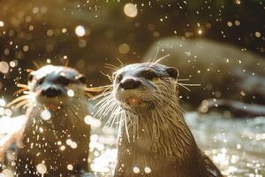 Playful Otters in Sunlit Stream with Sparkling Water Background in Nature photo