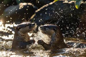 Playful Otters in Sunlit Stream with Sparkling Water Background in Nature photo