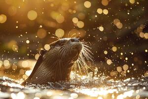 Playful Otters in Sunlit Stream with Sparkling Water Background in Nature photo