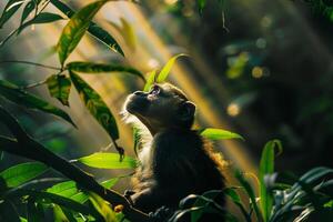 Playful Monkeys in Sunlight Filtering Through Dense Jungle Foliage Background in Nature photo