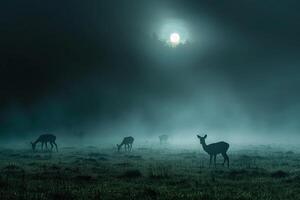 Moonlight Filtering Through Mist Casting Silver Glow on Family of Deer Grazing in Meadow Background in Nature photo