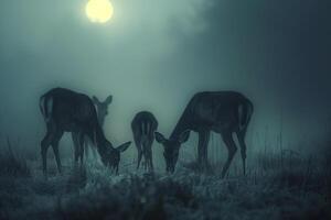 Moonlight Filtering Through Mist Casting Silver Glow on Family of Deer Grazing in Meadow Background in Nature photo