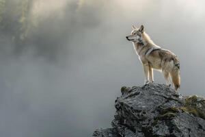 Sunlight Filtering Through Misty Morning Air Illuminating Solitary Wolf on Rocky Outcrop Background in Nature photo