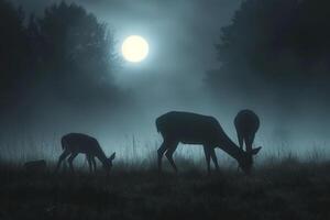 Moonlight Filtering Through Mist Casting Silver Glow on Family of Deer Grazing in Meadow Background in Nature photo