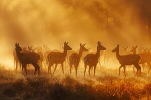 Golden Sunlight Illuminating Herd of Deer Grazing in Misty Meadow Casting Long Shadows Background in Nature photo