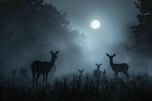 Moonlight Filtering Through Mist Casting Silver Glow on Family of Deer Grazing in Meadow Background in Nature photo