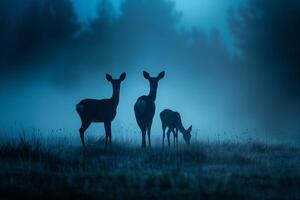 Moonlight Filtering Through Mist Casting Silver Glow on Family of Deer Grazing in Meadow Background in Nature photo