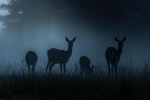 Moonlight Filtering Through Mist Casting Silver Glow on Family of Deer Grazing in Meadow Background in Nature photo