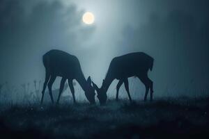 Moonlight Filtering Through Mist Casting Silver Glow on Family of Deer Grazing in Meadow Background in Nature photo