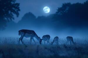 Moonlight Filtering Through Mist Casting Silver Glow on Family of Deer Grazing in Meadow Background in Nature photo