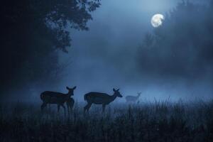 Moonlight Casting Silver Glow on Family of Deer Grazing in Meadow Background in Nature photo