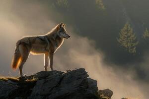 Solitary Wolf Illuminated by Sunlight Through Mist on Rocky Outcrop Background in Nature photo