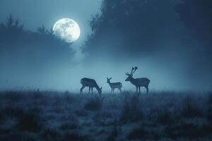 Moonlight Casting Silver Glow on Family of Deer Grazing in Meadow Background in Nature photo