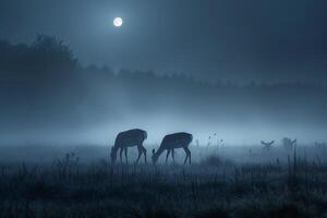 Moonlight Casting Silver Glow on Family of Deer Grazing in Meadow Background in Nature photo