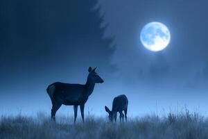 Moonlight Casting Silver Glow on Family of Deer Grazing in Meadow Background in Nature photo