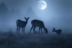 Moonlight Casting Silver Glow on Family of Deer Grazing in Meadow Background in Nature photo