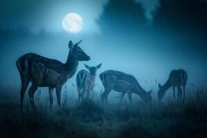 Moonlight Casting Silver Glow on Family of Deer Grazing in Meadow Background in Nature photo
