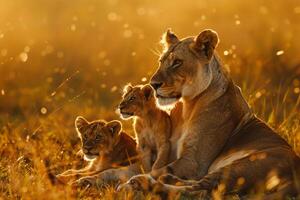 Lioness and Cubs Basking in Morning Sunlight on Grassy Plain Background in Nature photo