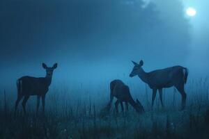 Moonlight Casting Silver Glow on Family of Deer Grazing in Meadow Background in Nature photo
