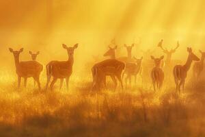 Golden Sunlight Illuminating Herd of Deer Grazing in Misty Meadow with Long Shadows Background in Nature photo