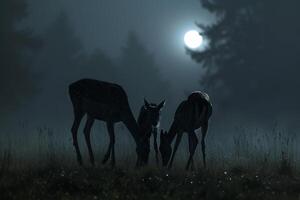 Moonlight Casting Silver Glow on Family of Deer Grazing in Meadow Background in Nature photo