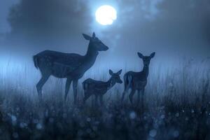 Moonlight Casting Silver Glow on Family of Deer Grazing in Meadow Background in Nature photo