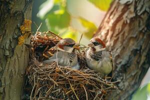 Pair of Finches Constructing Nest in Tree Exchanging Twigs with Precision Background in Nature photo