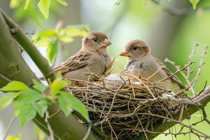 Pair of Finches Constructing Nest in Tree Exchanging Twigs with Precision Background in Nature photo