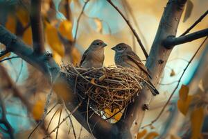 Pair of Finches Constructing Nest in Tree Exchanging Twigs with Precision Background in Nature photo