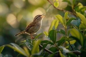 Delightful Carolina Wren Performing in Garden with Morning Light Background in Nature photo