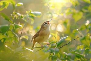 Graceful Carolina Wren Singing in Garden with Rich Foliage Background in Nature photo