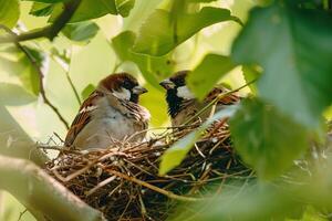 Finches Meticulously Building Nest in Tree with Twigs Background in Nature photo