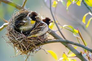 Elegant Finches Building Nest in Tree with Precision Background in Nature photo