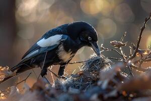 Eurasian Magpie Gathering Nesting Material in Morning Light Background in Nature photo